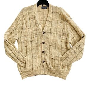 Vintage Pendleton Men's Wool Knit Cardigan Beige Plaid Button Front size XL